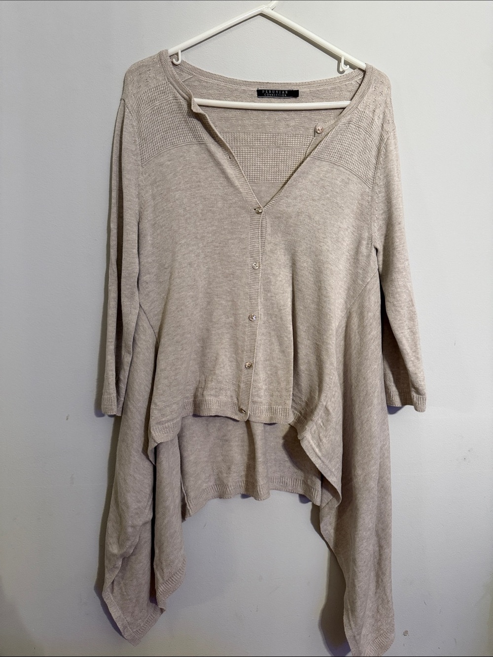 Aventura Beige Button-Front Draped Knit Cardigan